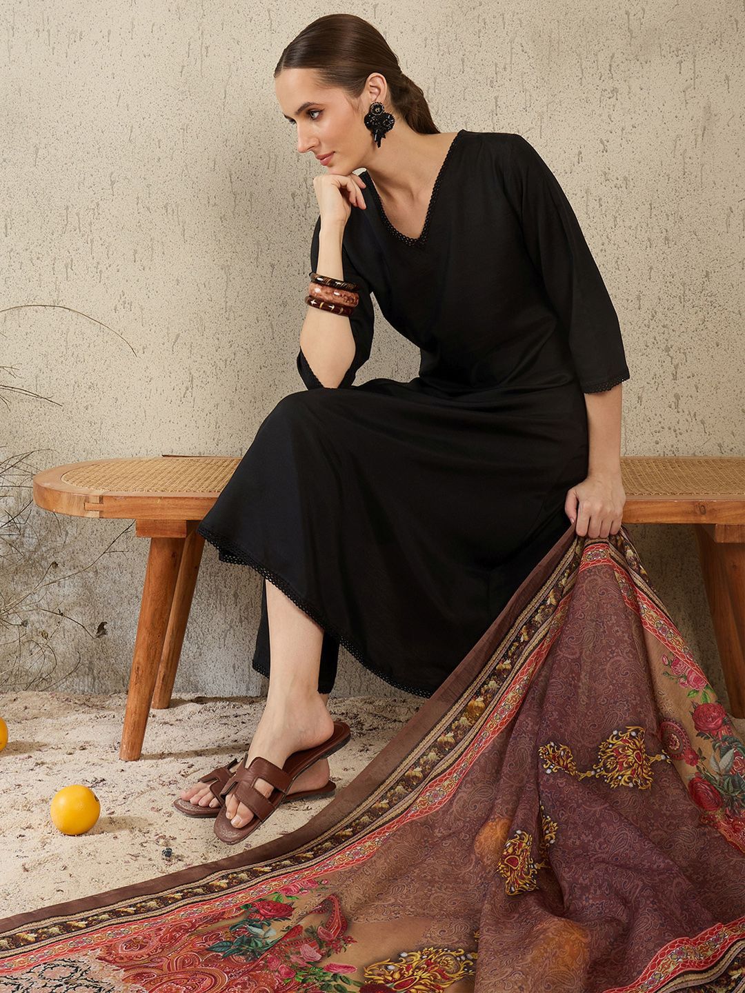 V-Neck A-Line Kurta With Trousers & Dupatta