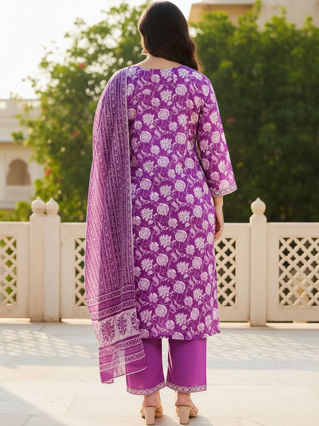 Indyancart Women's Floral Printed Regular Mirror Work Pure Cotton Kurta with Trousers & With Dupatta