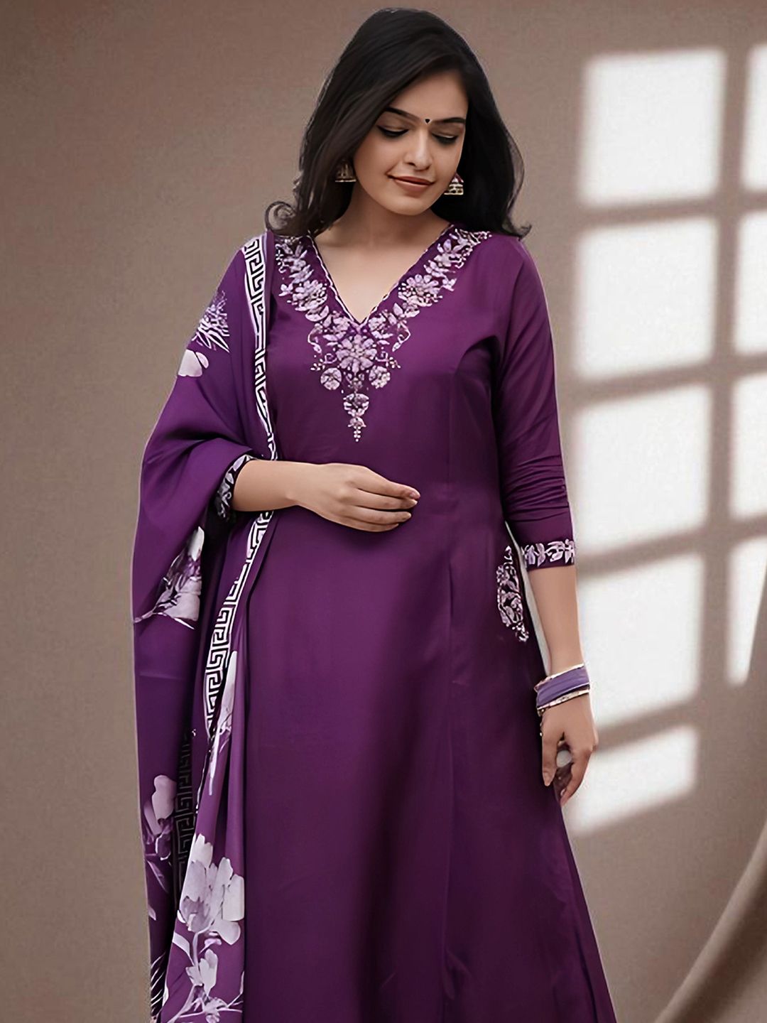 Indyancart SN Women's Floral Embroidered Pure Cotton A-Line Kurta with Churidar & Dupatta
