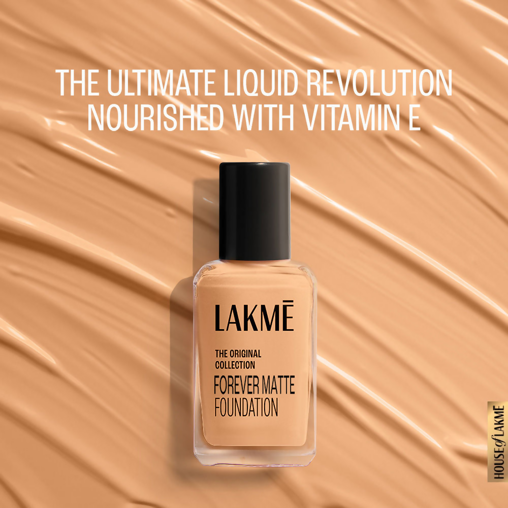 Lakme Forever Matte Foundation with superior coverage, resisting marble effect, shown in a sleek bottle with a pump dispenser.
