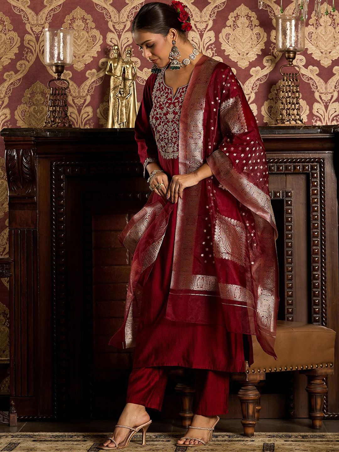 Indyancart IE Ethnic Motifs Zari Embroidered Liva Kurta with Trouser & Dupatta