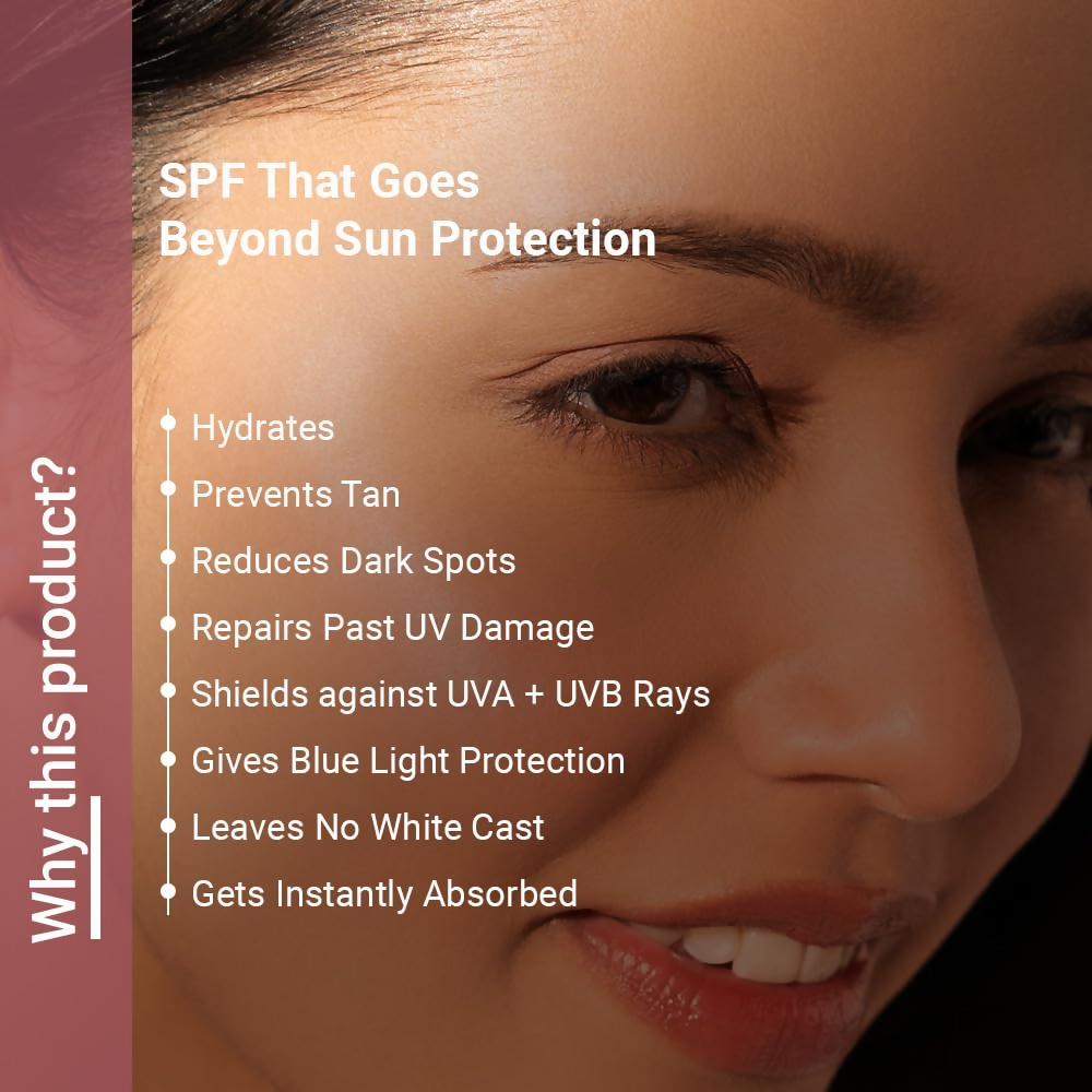 Neude Sunstoppable Sunscreen with SPF 45 PA+++ showing the tube and application on a person's hand, no white cast visible.