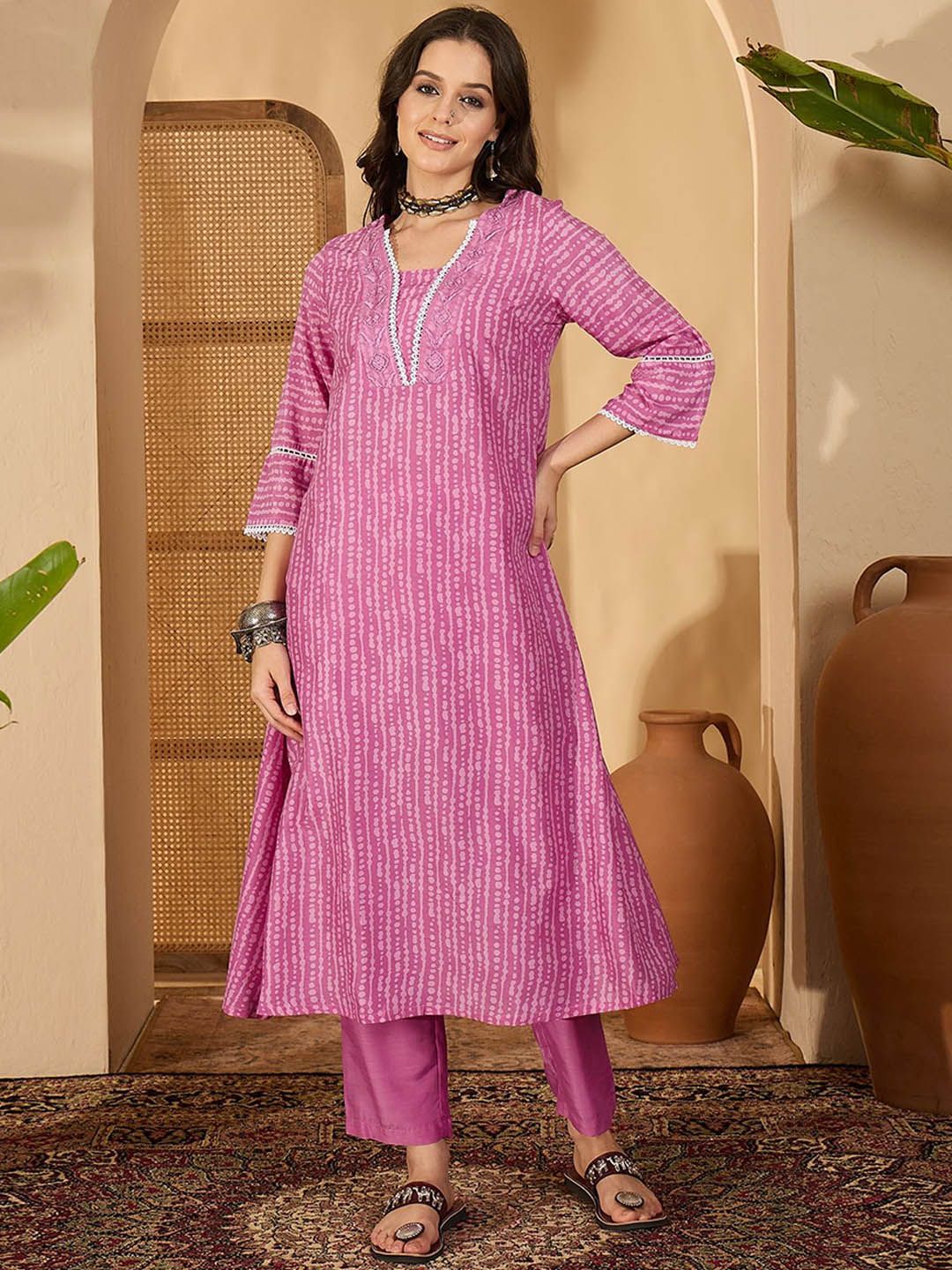 Indyancart SN Women's Abstract Printed & Embroidered V-Neck A-Line Kurta With Trousers And Dupatta