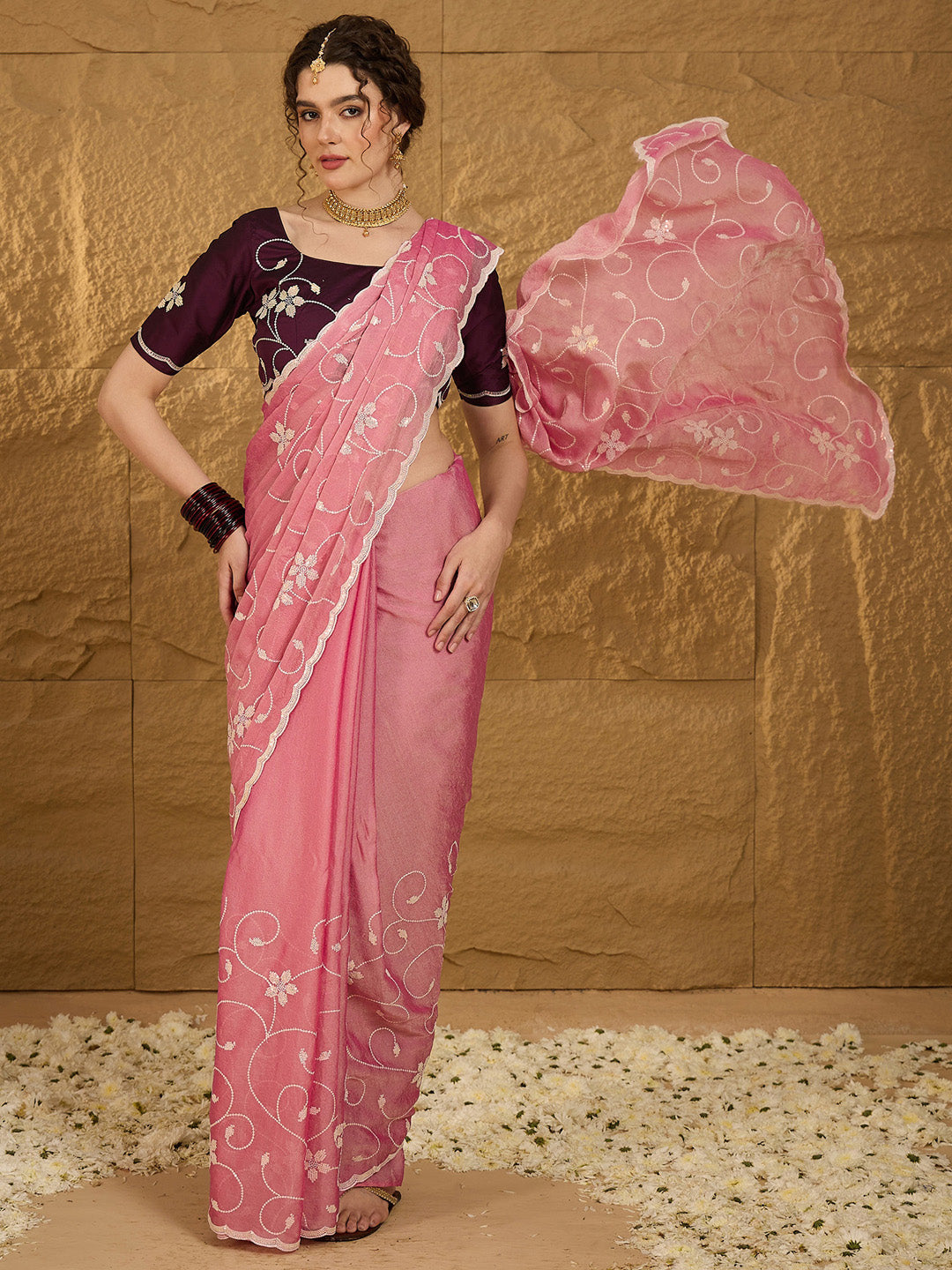 Women's Chiffon Pink Embroidered Designer Saree With Blouse Piece