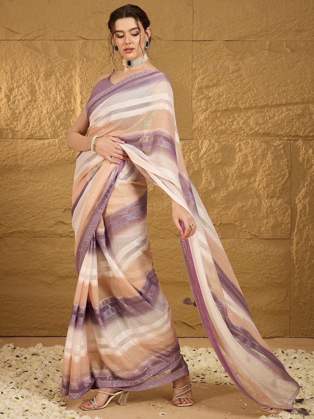 Women's Chiffon Lavendar Embellished Designer Saree With Blouse Piece