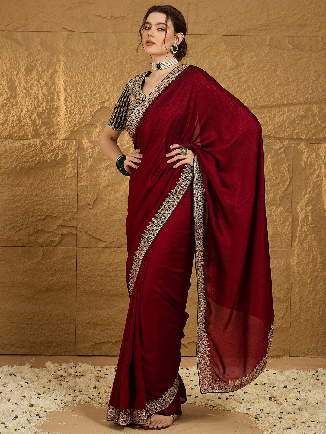 Women's Vichitra Silk Maroon Embroidered Designer Saree With Blouse Piece