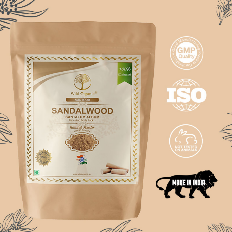 Wild Organic sandalwood powder face pack for skin and body, shown in a natural container with sandalwood powder inside.