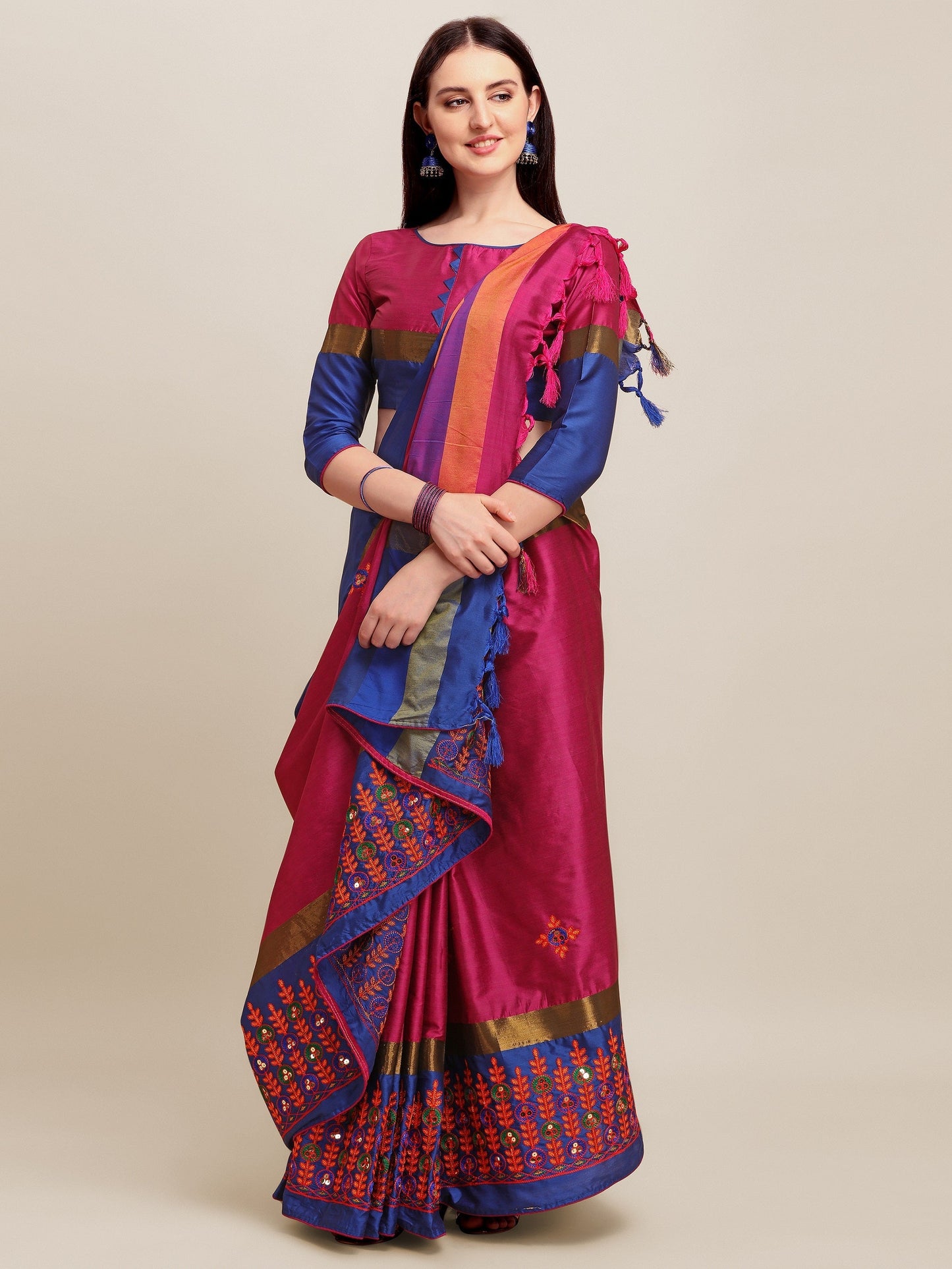 Indyancart RV Women's Designer Traditional Embroidered Cotton Silk Saree With Blouse ( KVD1244 )