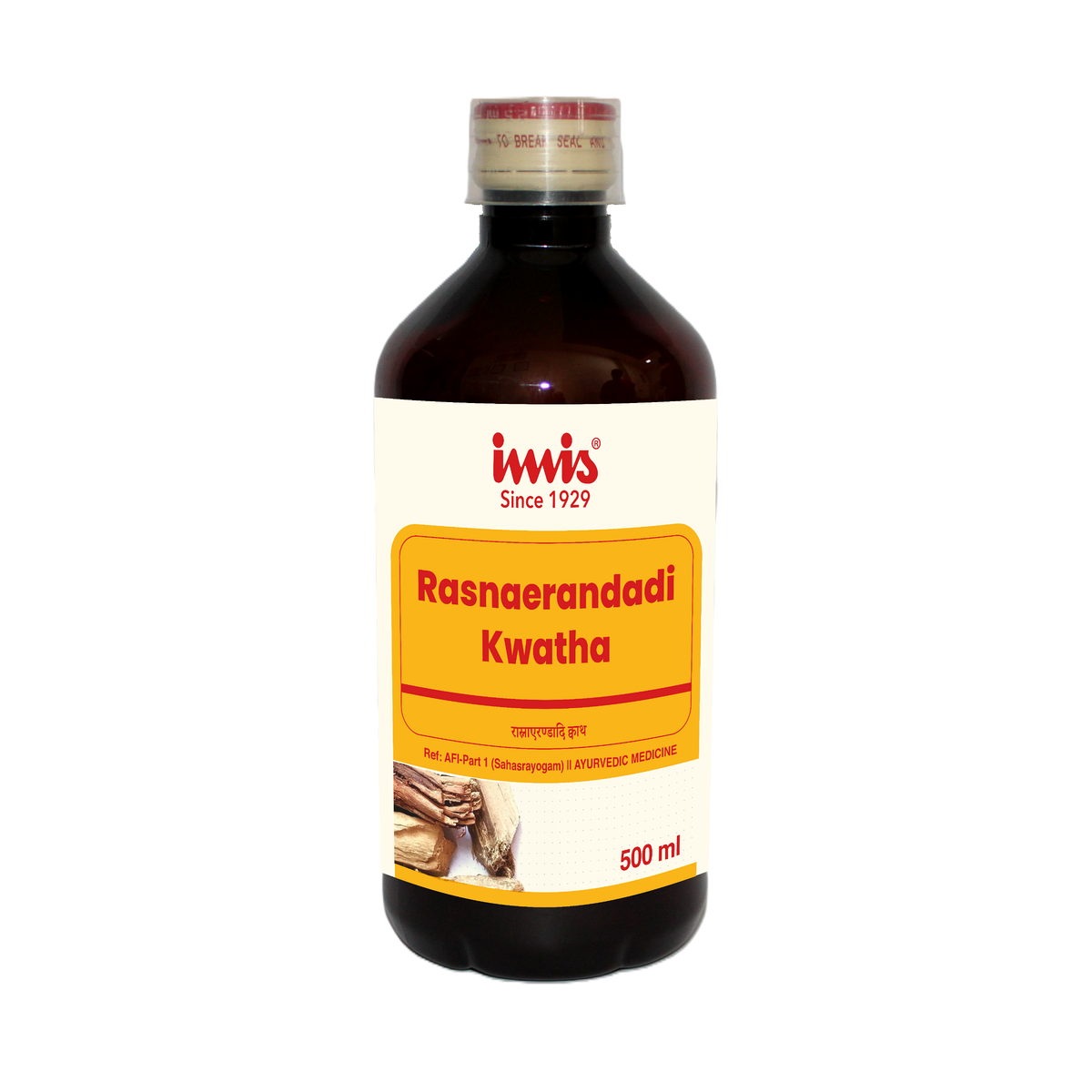 IMIS Ayurveda Rasnaerandadi Kwatha Ayurvedic syrup in a 500ml bottle, traditional herbal formulation with roots and herbs visible.