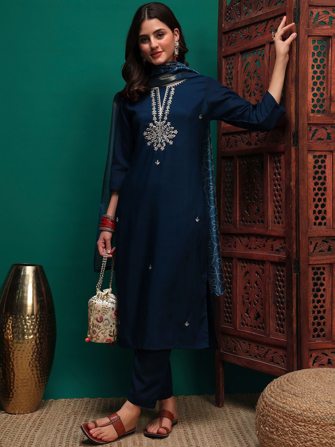 Indyancart SN Women's Sequin Embroidered Straight Kurta & Trousers With Dupatta