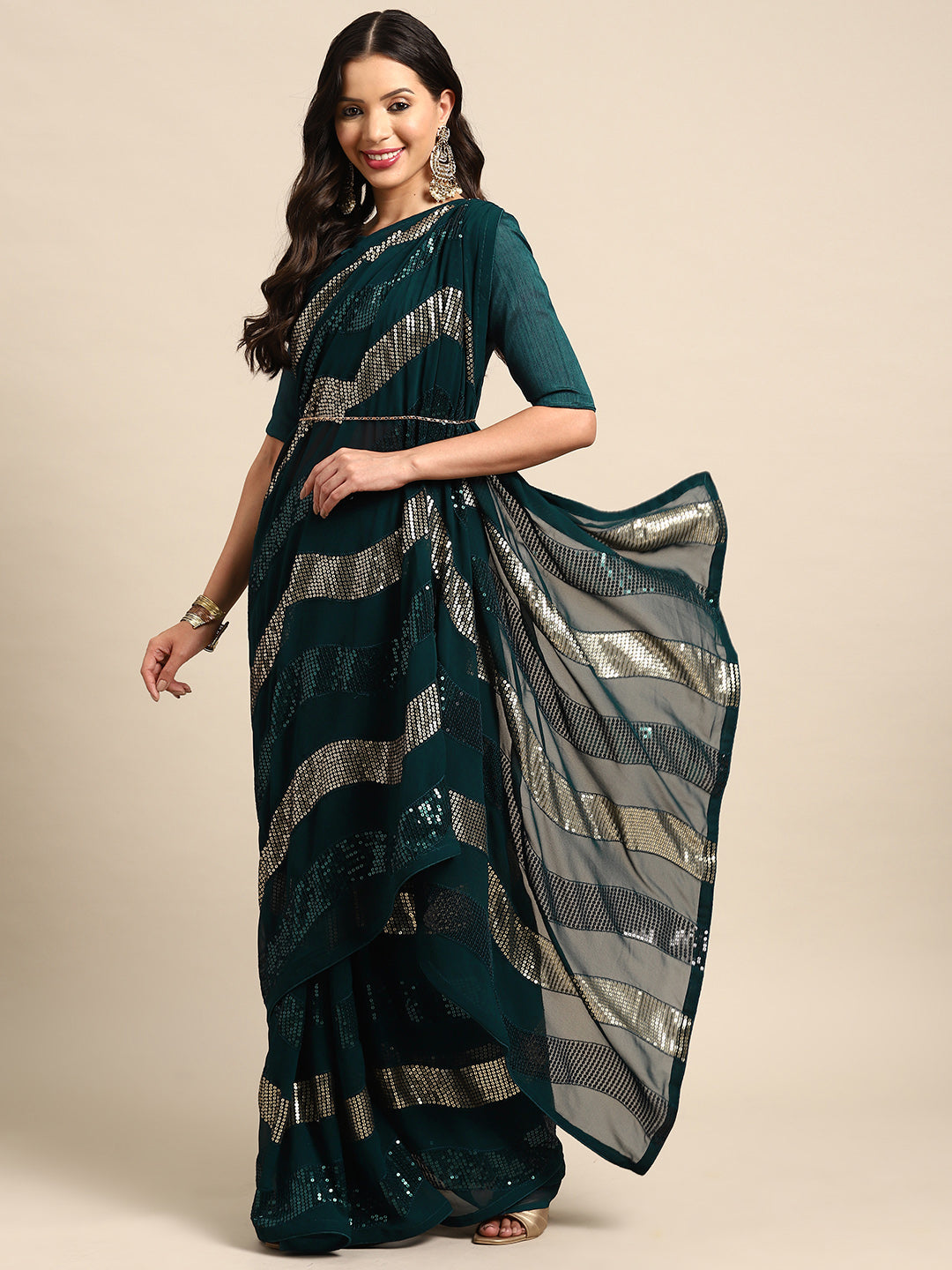 Indyancart RV Women's Elegant Georgette Sequins Embroidered Saree with Banglori Silk Blouse ( KVD2041 )