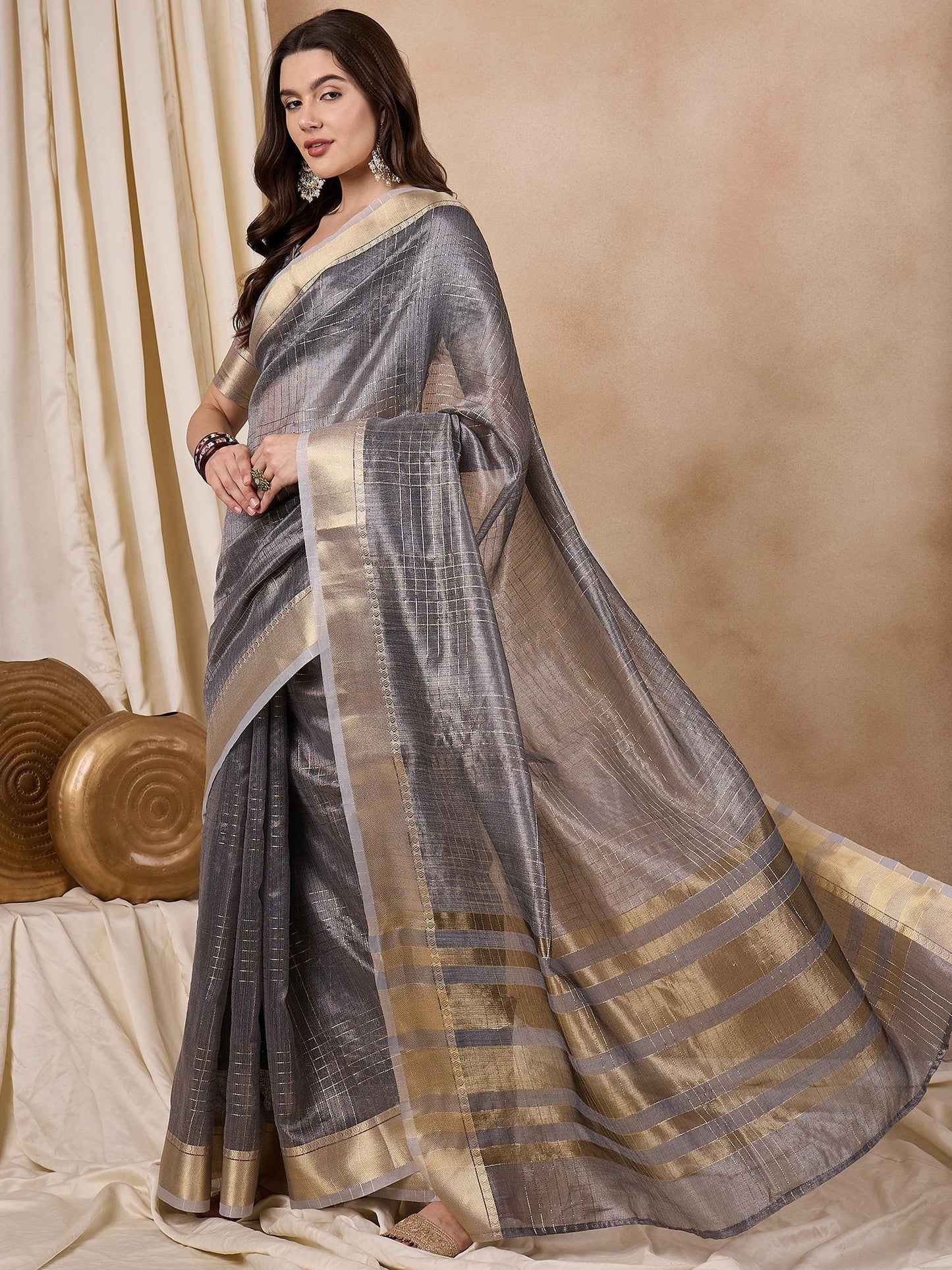 Indyancart RV Women's Elegant Organza Golden Zari Woven Saree with Matching Blouse ( KVD2145 )