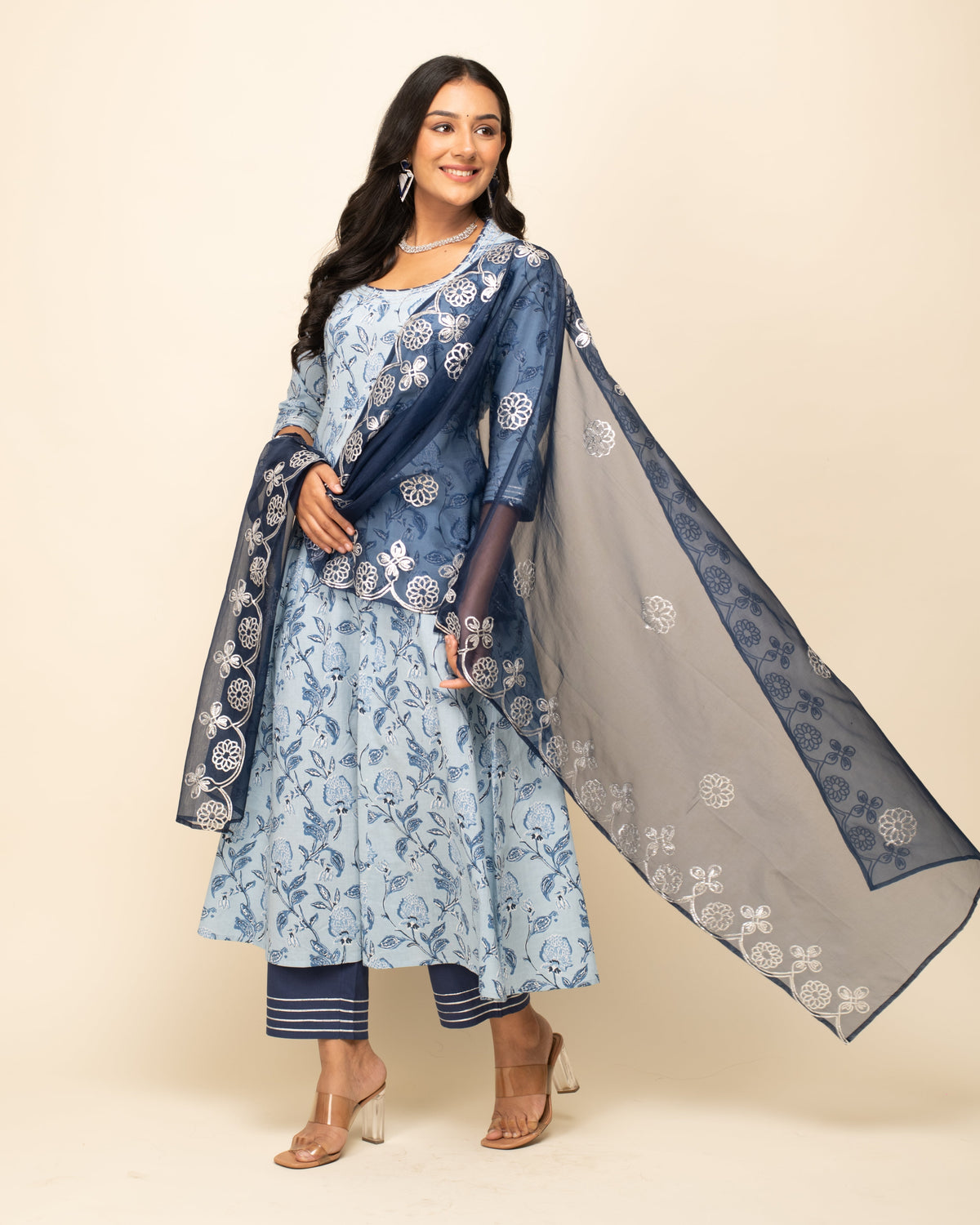 Women's Light blue Cotton Flared Kurta Pant with Dupatta