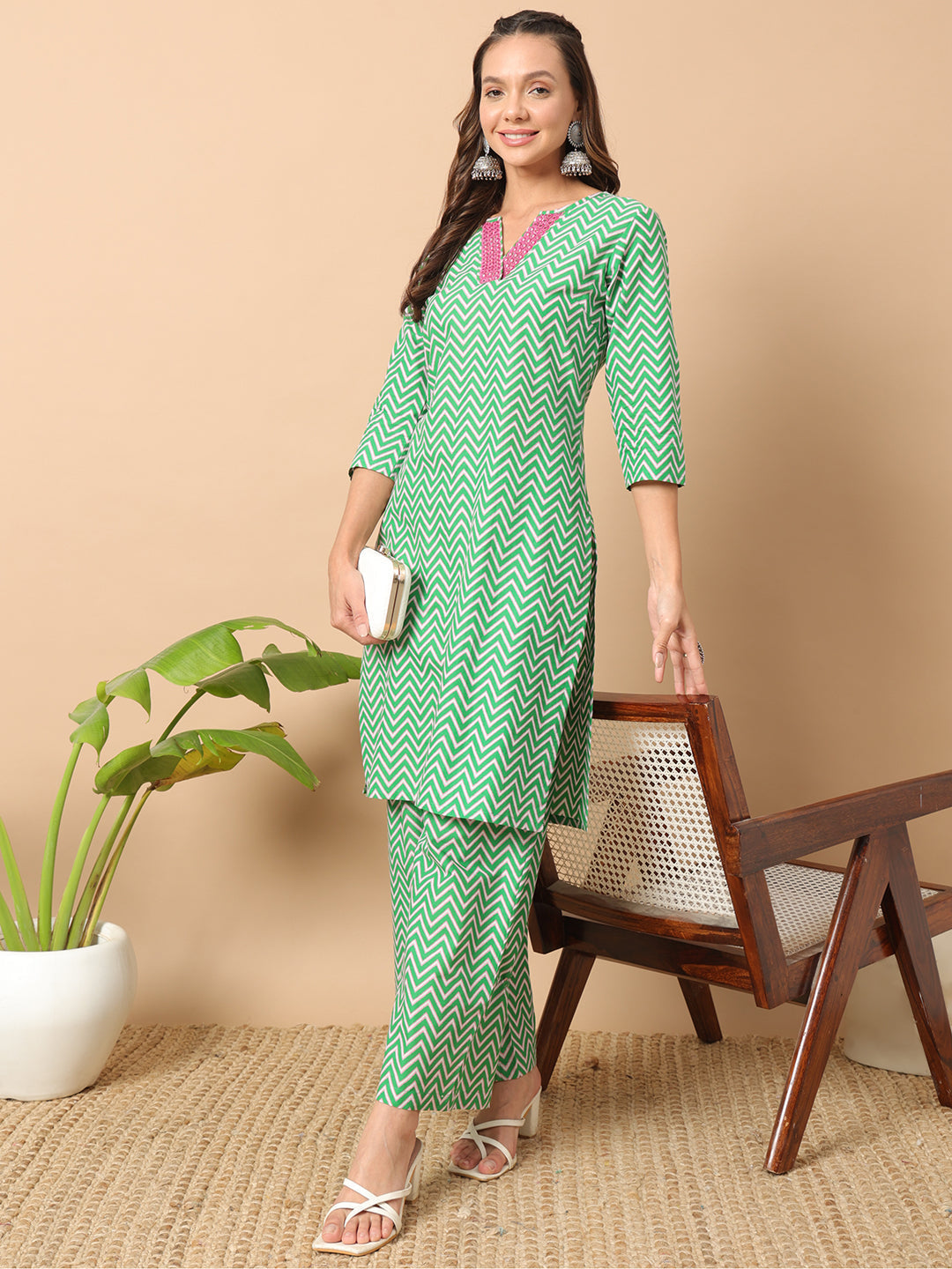 Dhiyona FL Women's Sea Green Cotton Straight Kurta Set