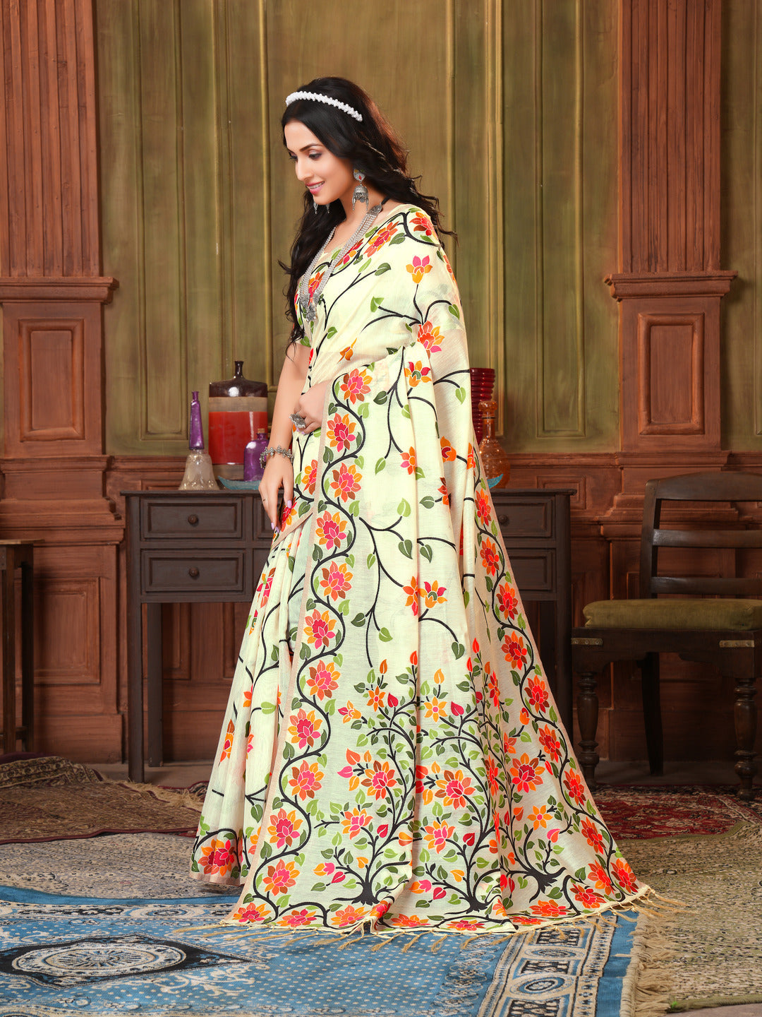 Indyancart GR Women's Shahida Mayonnaise White Soft Cotton Jamdani Saree