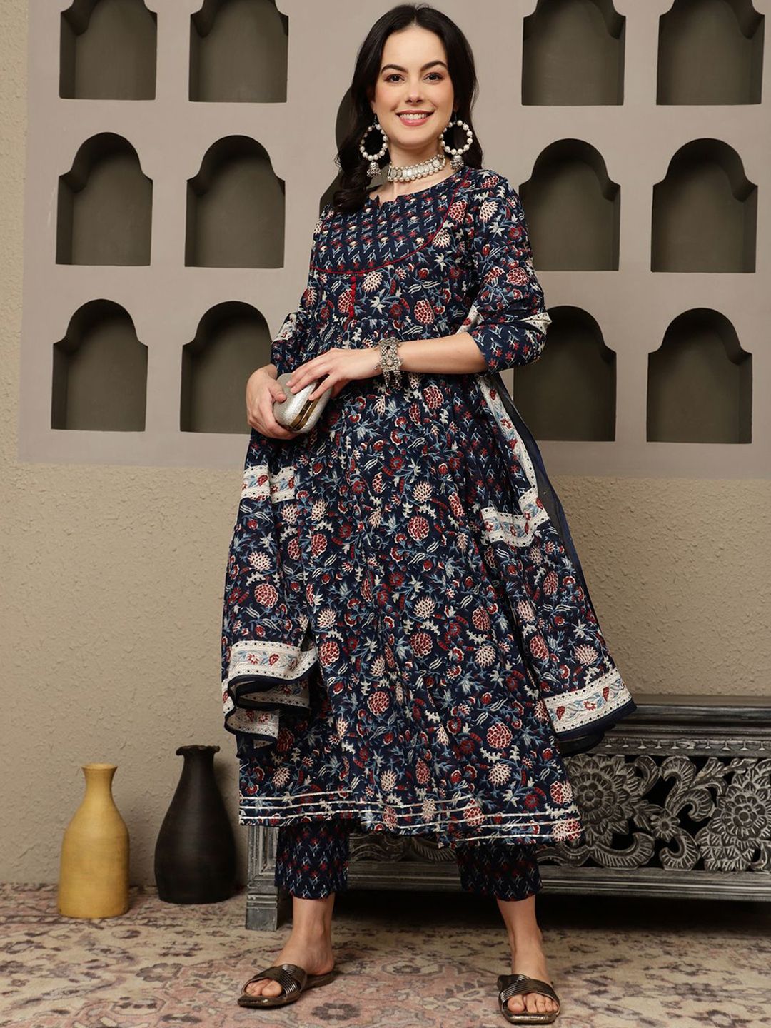 Indyancart SN Women's Navy Blue Floral Printed Pure Cotton Anarkali Kurta With Trousers & Dupatta