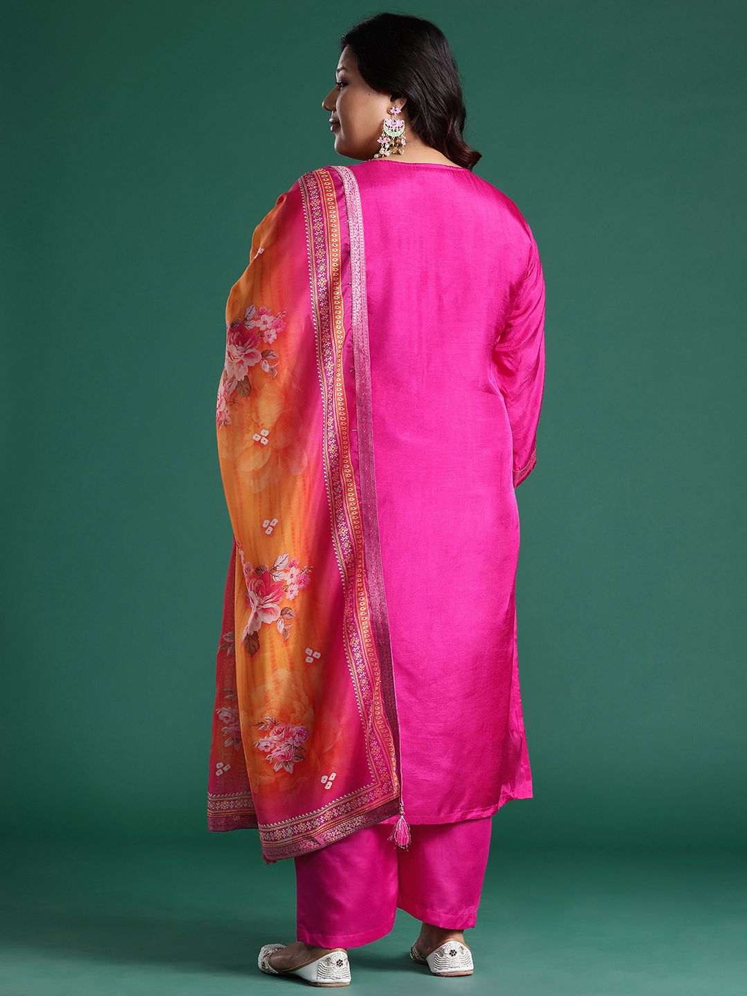 Indyancart Women's Plus Size Woven Design Kurta with Palazzos & Dupatta