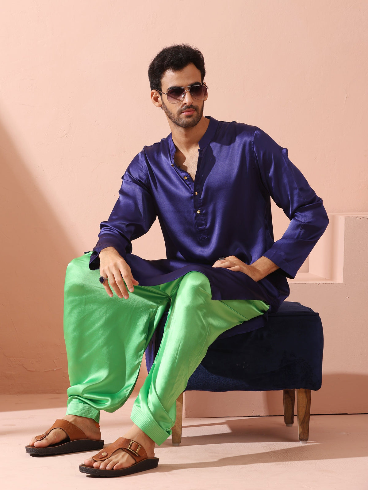 Indyancart ST Defy Royal Blue Satin Kurta with Gold Buttons