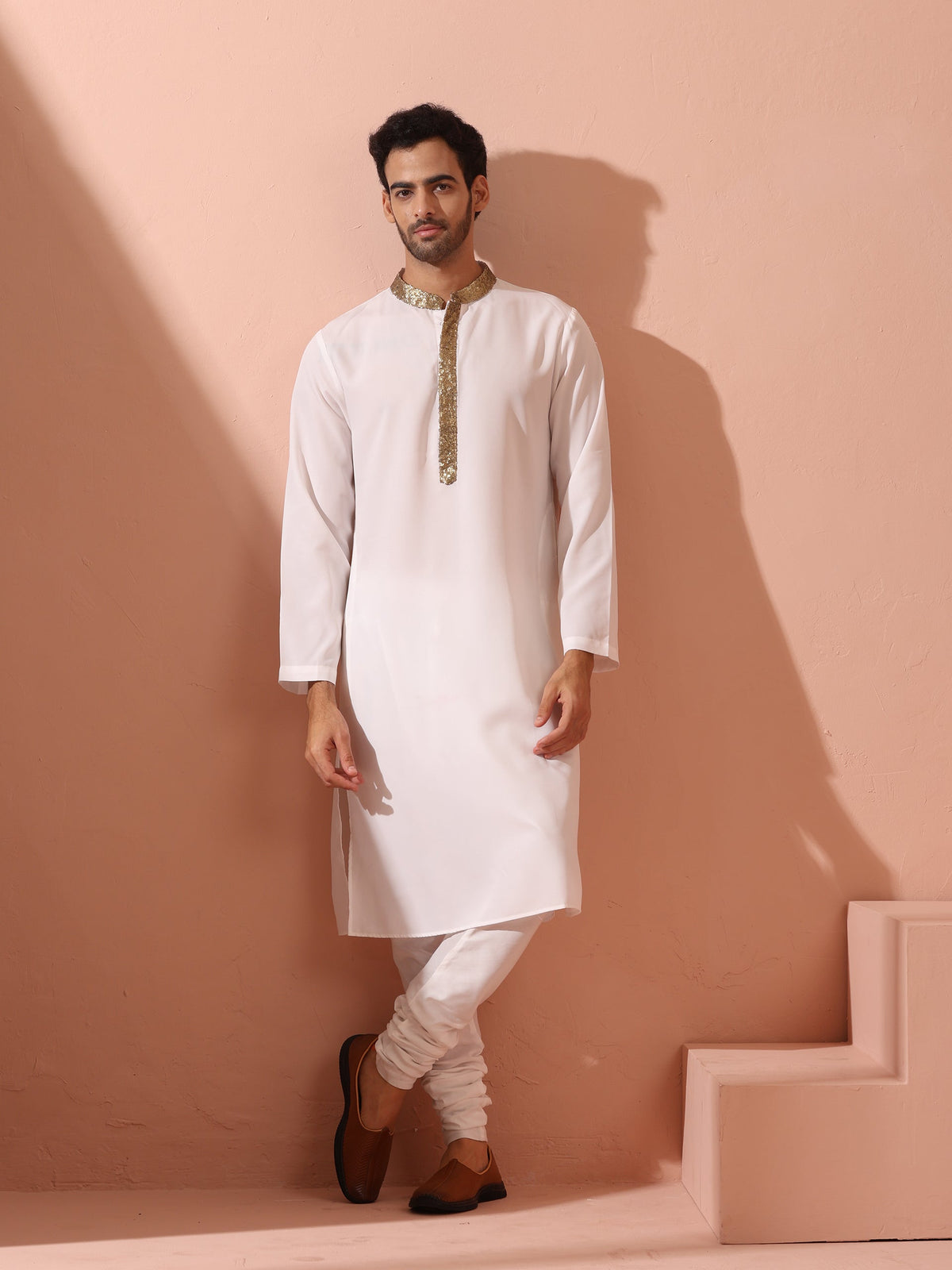 Indyancart ST White & Gold Sequin Crepe Kurta with Hidden Placket