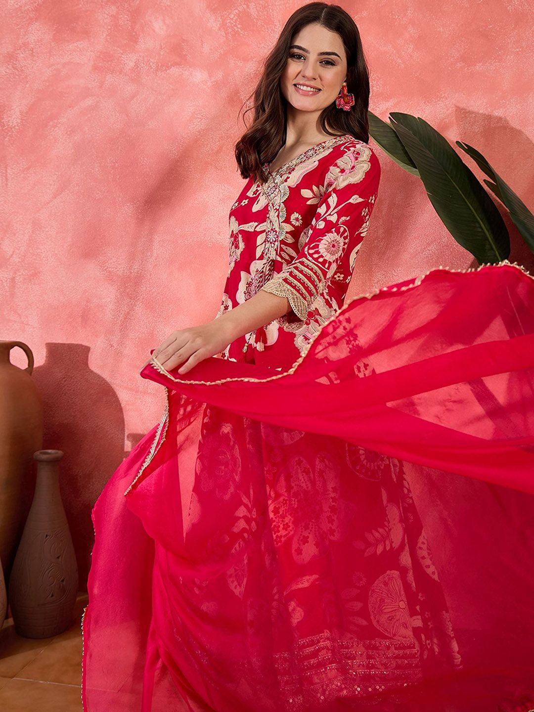 Indyancart SN Women's Floral Printed With Thread Work Embroidered Kurta With Trousers & Dupatta