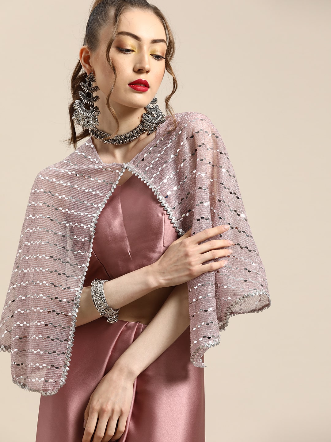 Dhiyona TI Women's Pink Soli Poly Satin Saree with Embellished Cape with Unstitched Blouse