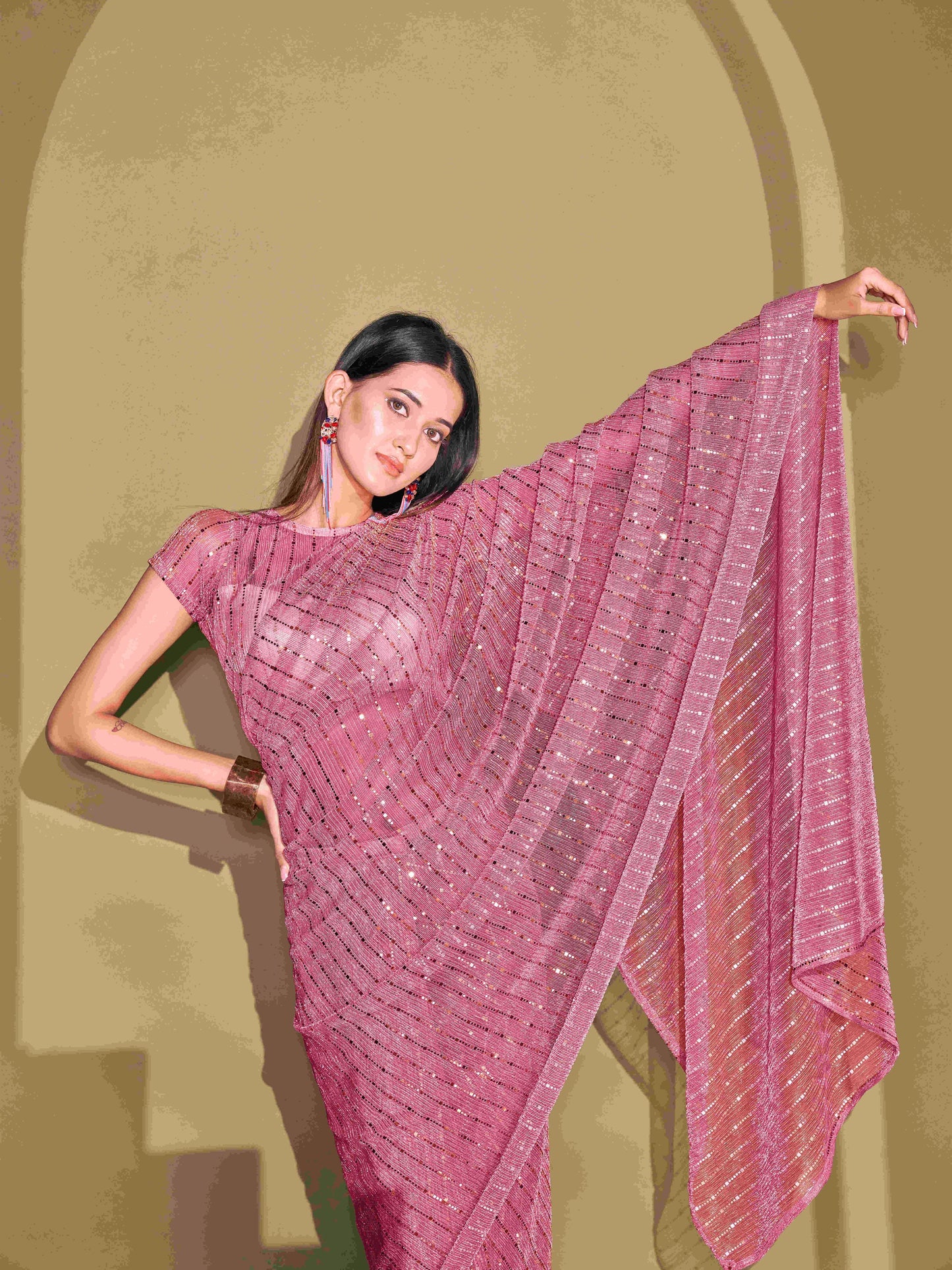 Dhiyona TI Women's Pink Lycra Foil Saree Embellished with Unstitched Blouse