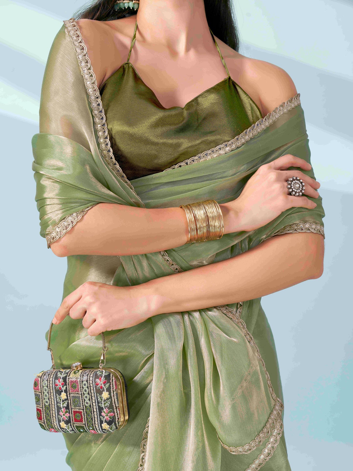 Dhiyona TI Women's Green Colored Shimmer Satin Lace Saree With Unstitched Blouse