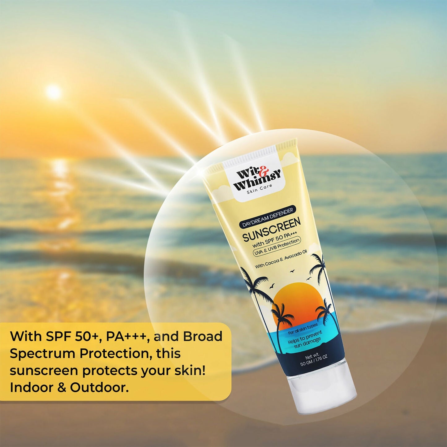 Wit and Whimsy SPF 50 PA+++ sunscreen with cocoa and avocado oil for skin protection and nourishment.
