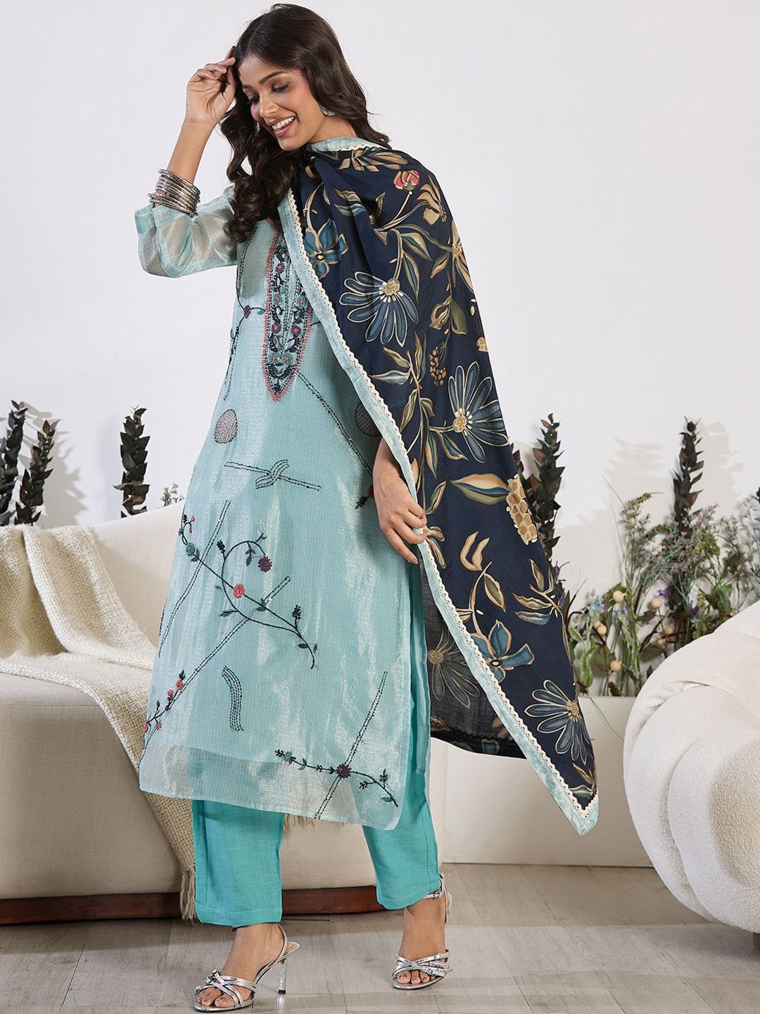 Indyancart IE Floral Embroidered Thread Work Pure Cotton Kurta with Trouser & Dupatta