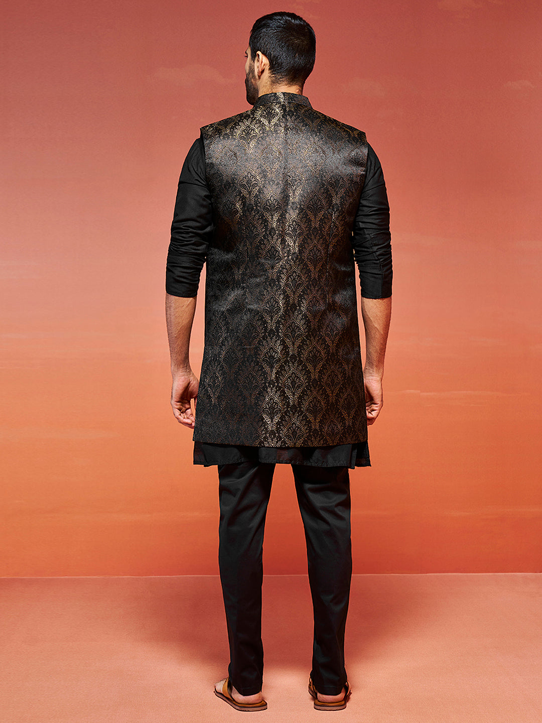 Men's Black Viscose Straight Jacket Kurta And Pyjama Set.