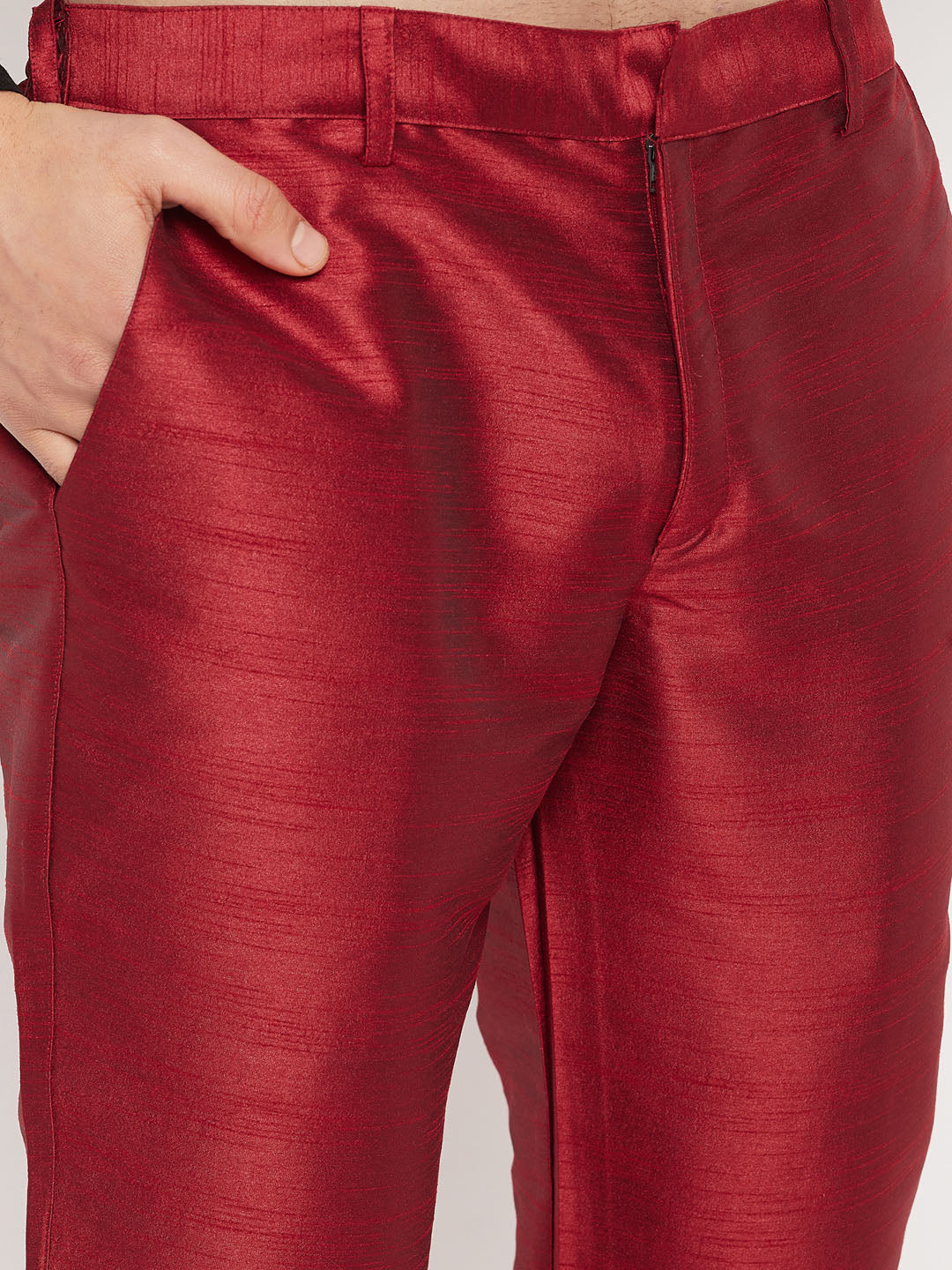 Men's Maroon Silk Blend Straight Jacket Kurta and Pyjama Set