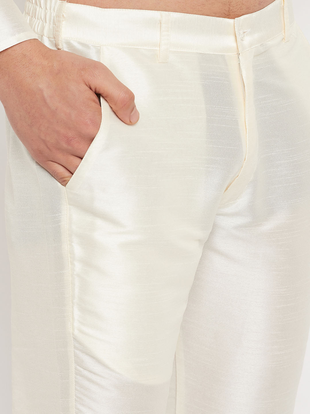 Men's Cream Silk Blend Straight Jacket Kurta and Pyjama Set