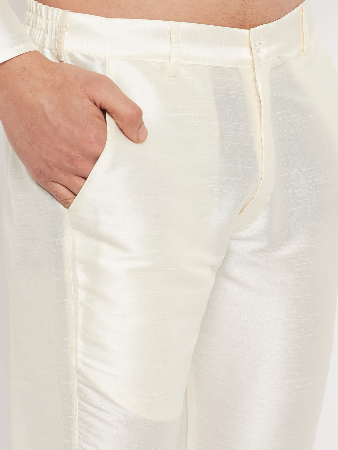 Men's Cream Silk Blend Straight Jacket Kurta and Pyjama Set