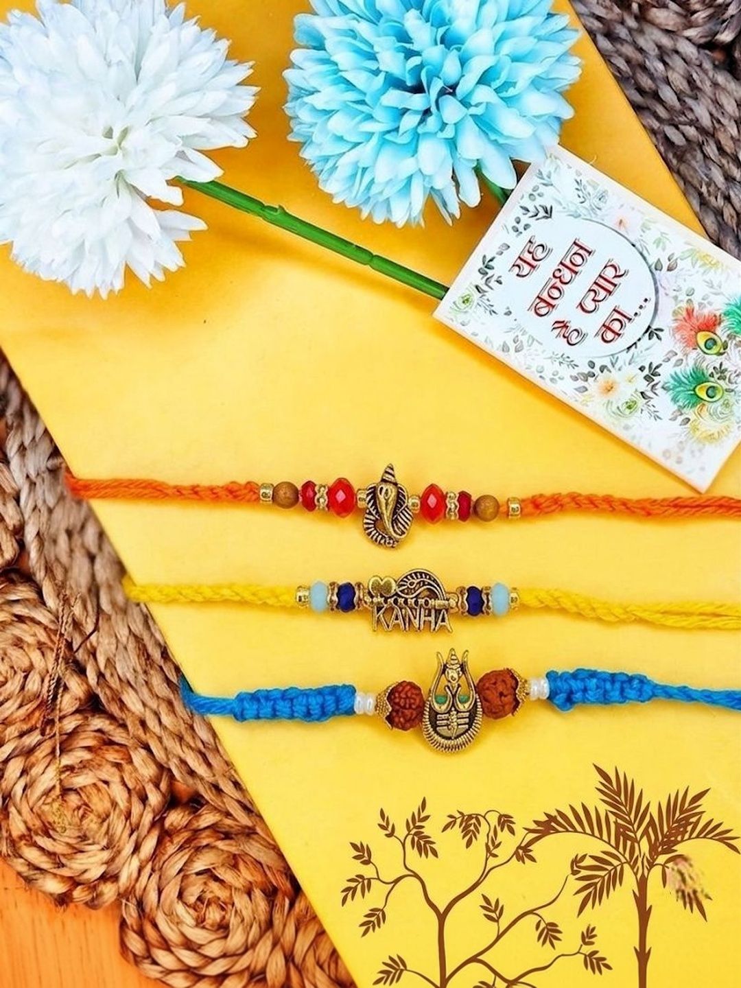Anouk Set Of 3 Rudraksh Religious Rakhi Thread Rakhi Roli Chawal Chandan Mishri