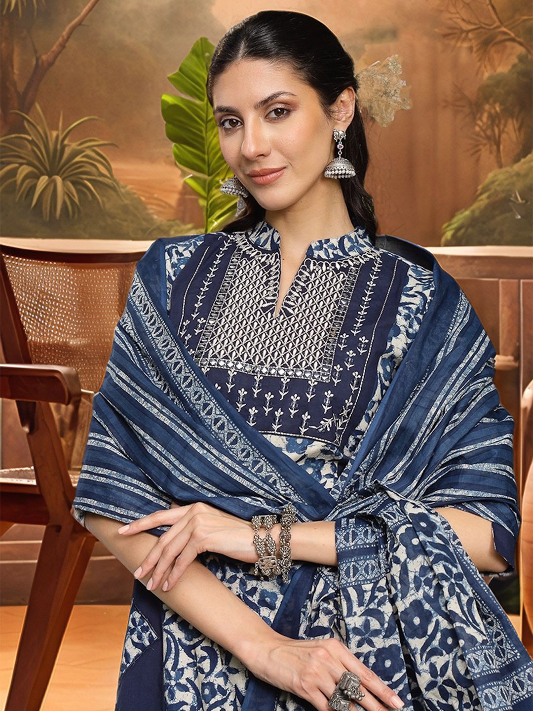 Indyancart SN Women's Embroidered A-Line Pure Cotton Kurta & Trousers With Dupatta