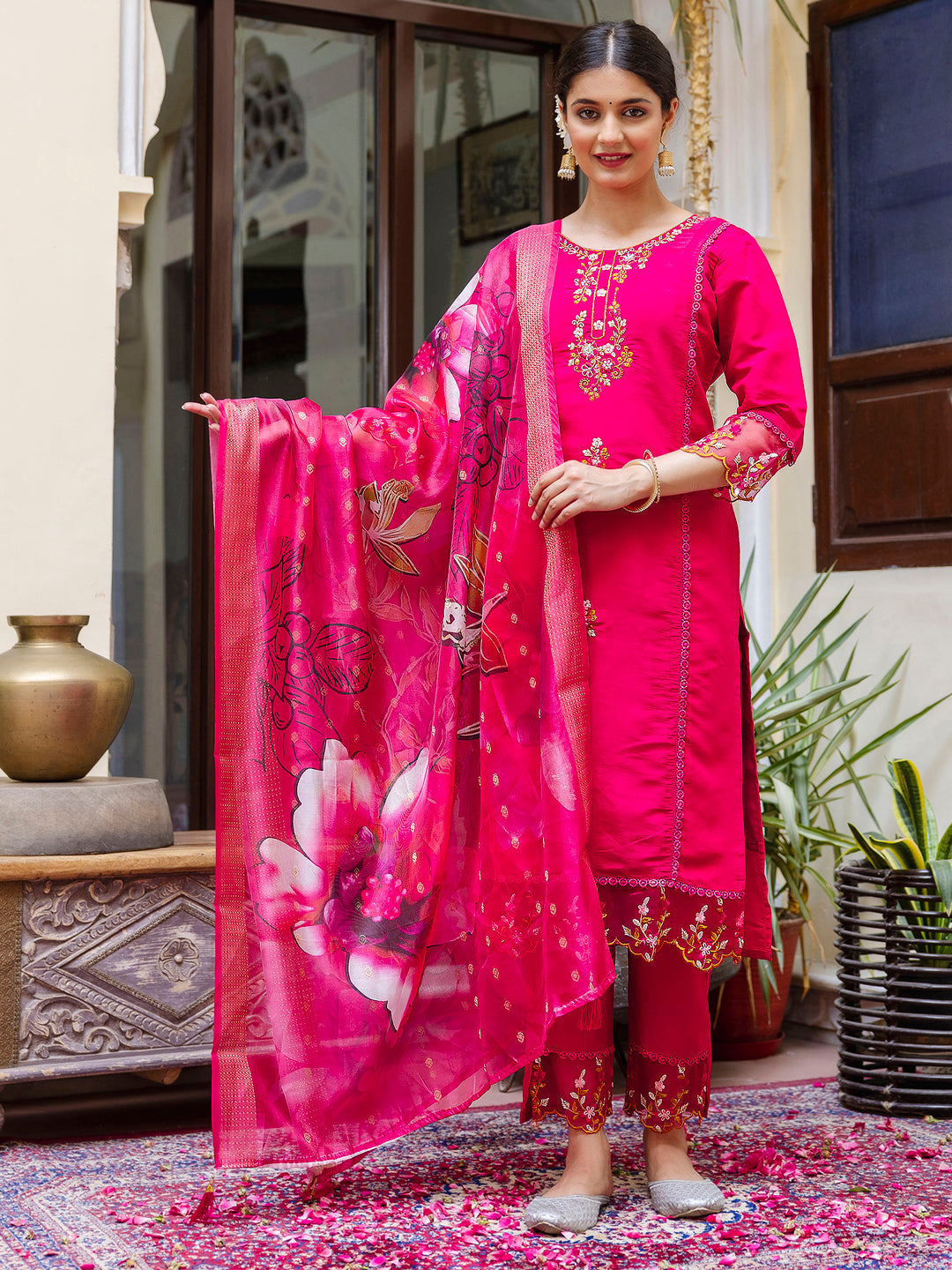 Dhiyona VV Women's Viscose Roman Silk Kurta Pant Dupatta Set