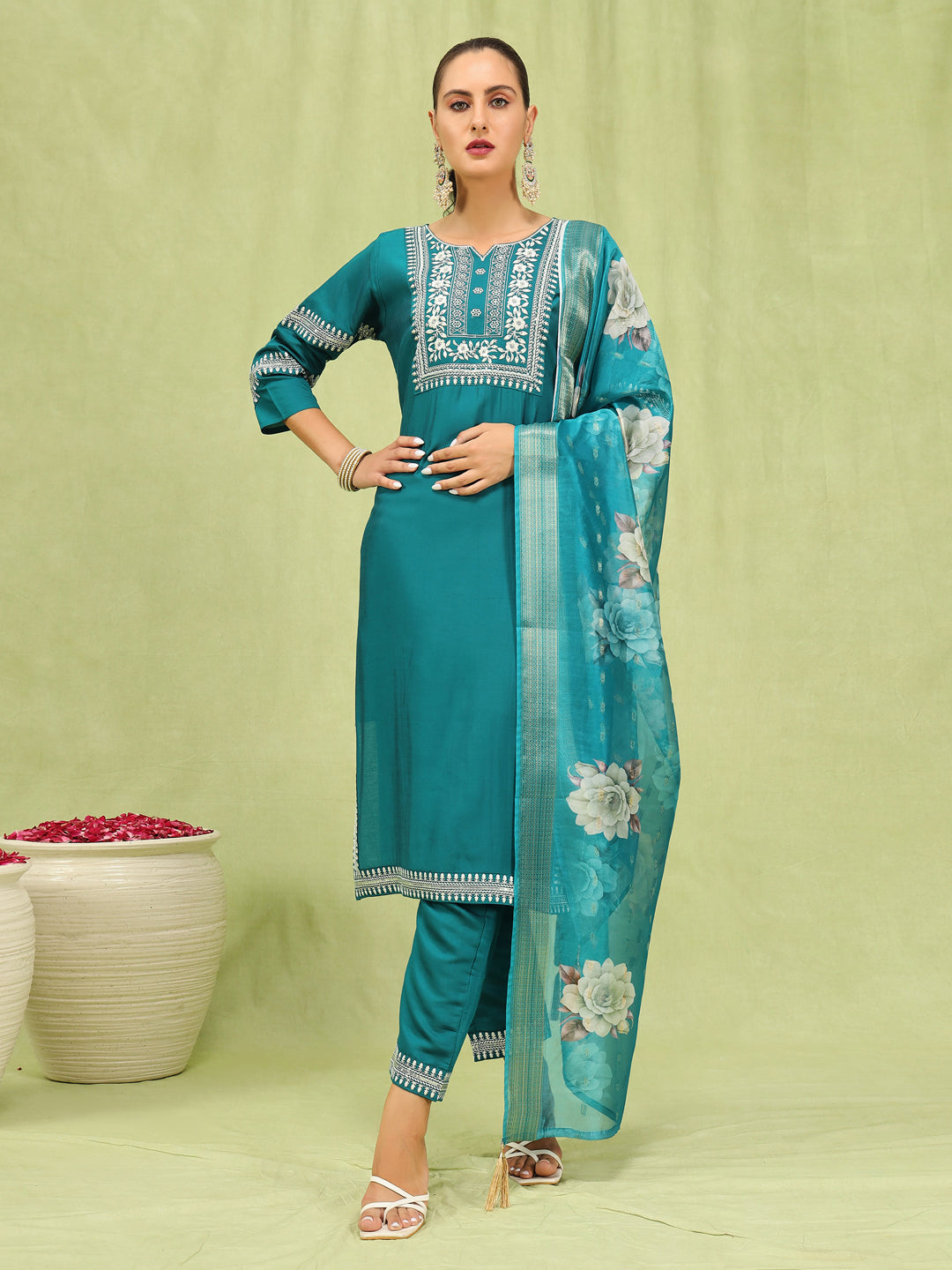 Dhiyona VV Aathmika Womens Viscose Roman Silk Embroidery Straight Kurta Pant with Dupatta Set