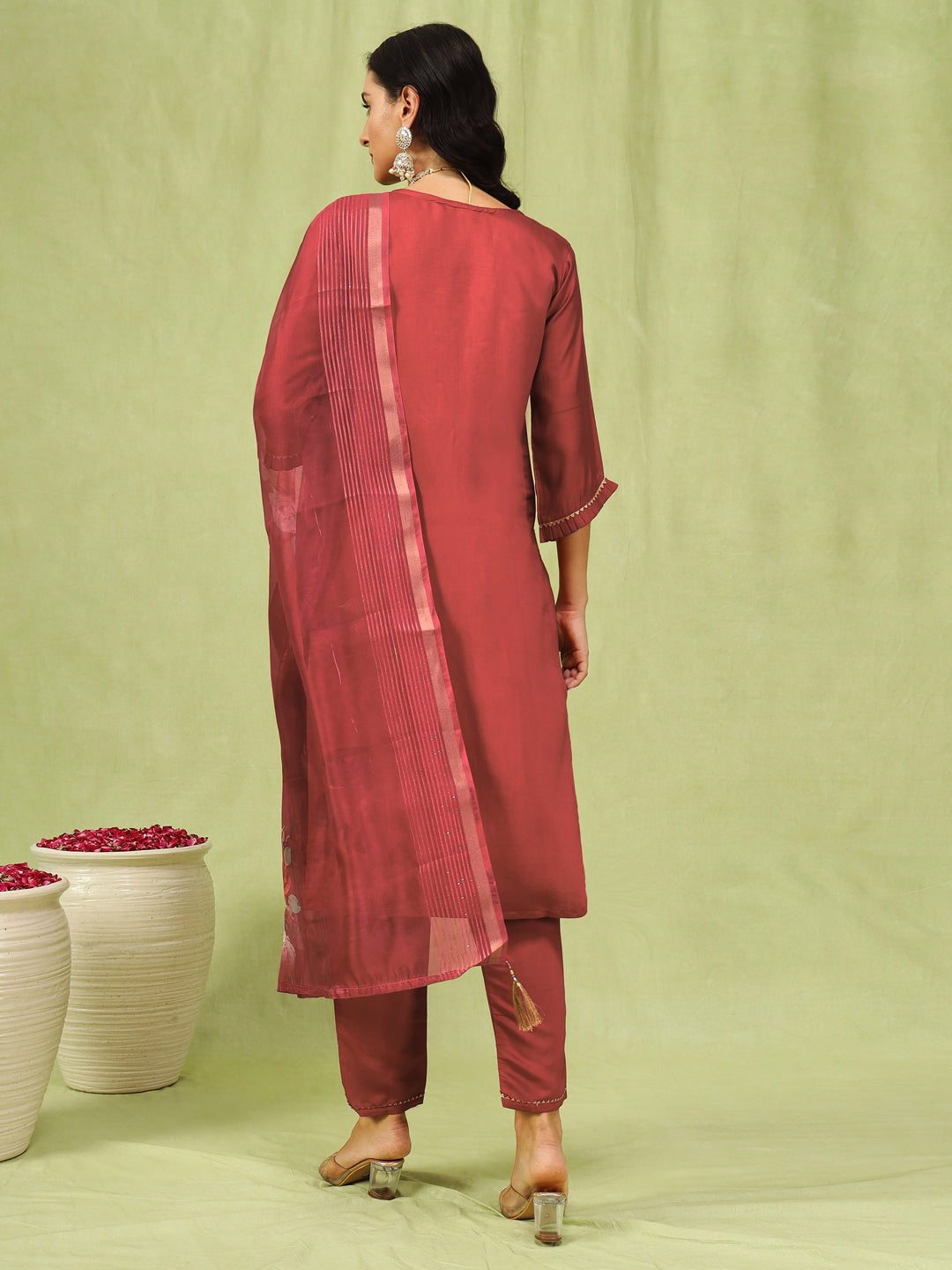 Dhiyona VV Aishwarya Womens Viscose Roman Silk Embroidery Straight Kurta Pant with Dupatta Set
