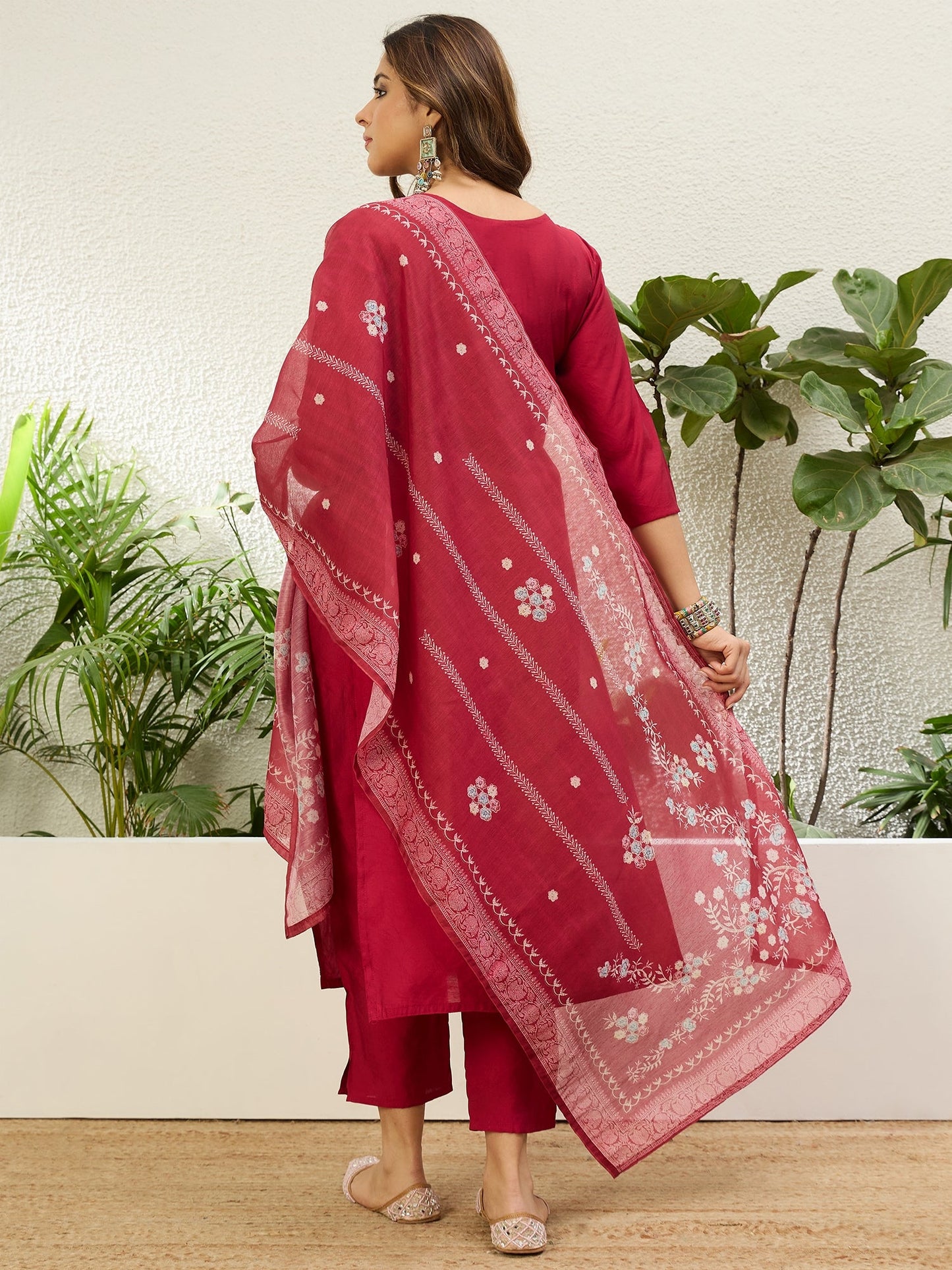 Dhiyona VV Cherry Red Womens Traditional Kurta Pant Set with Dupatta