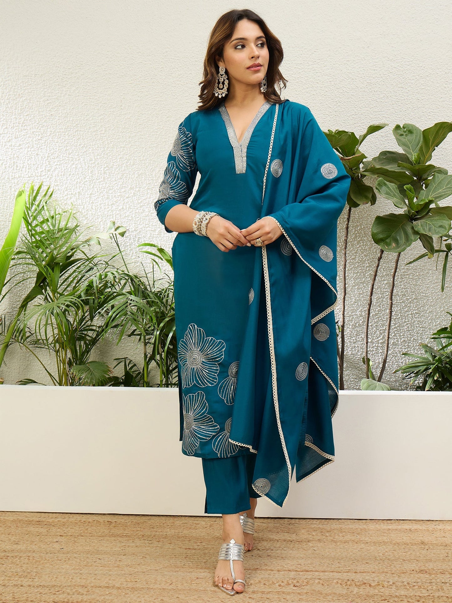 Dhiyona VV Teal Blue Womens Traditional Kurta Pant Set with Dupatta