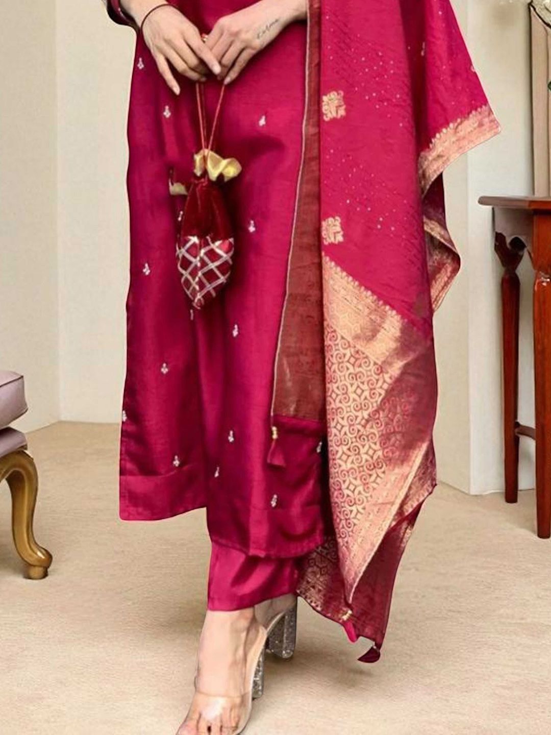 Indyancart SN Women's Embroidered Calf Length Regular Straight Kurta & Pyjamas With Dupatta