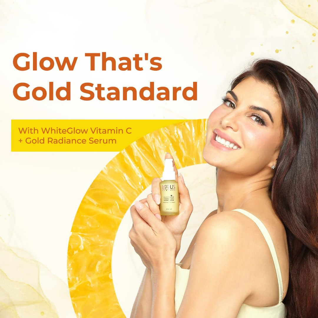 Lotus Herbals WhiteGlow Vitamin C and Gold Radiance face serum bottle with dropper for brightening and skin glow.