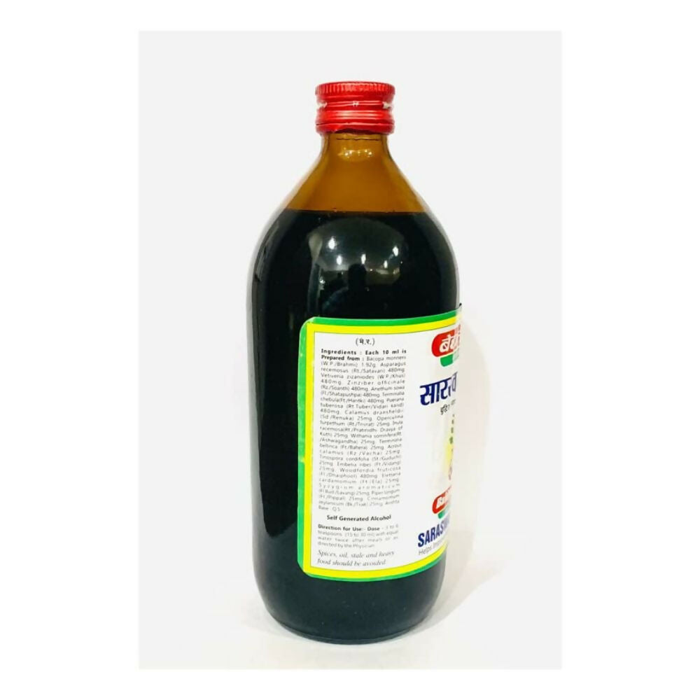 Baidyanath Jhansi Saraswatarishta Ayurvedic syrup bottle with label and measuring cup, traditional herbal health remedy.