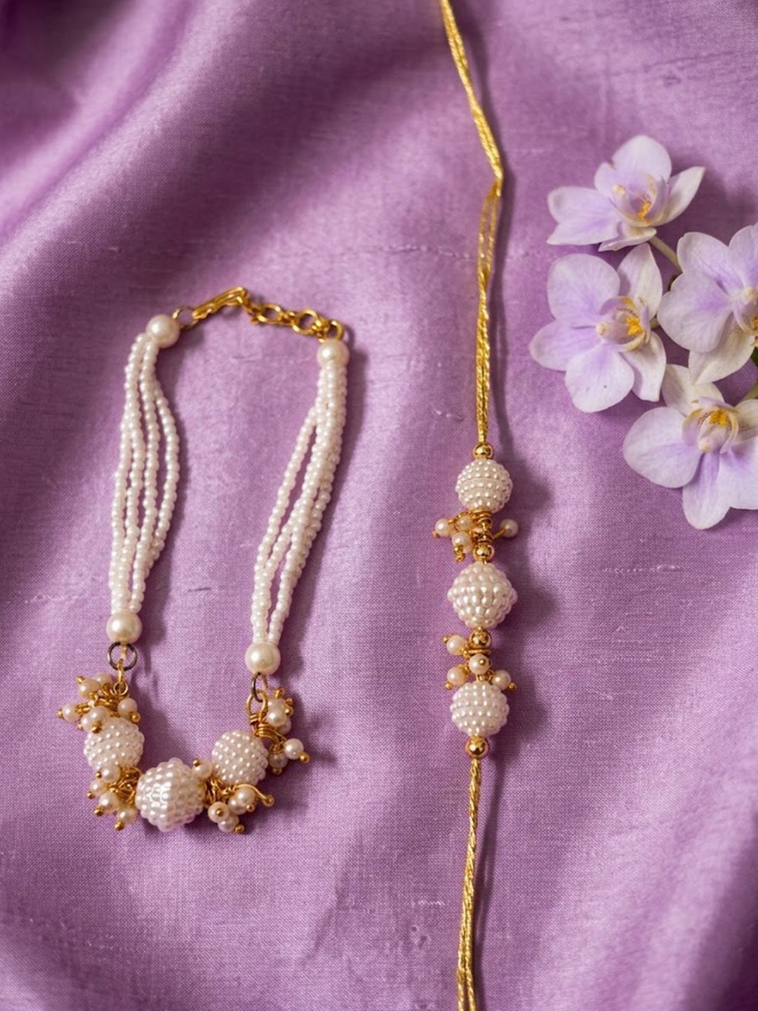 Anouk Set Of 2 Gold Toned & White Pearls Bhaiya Bhabhi Rakhi
