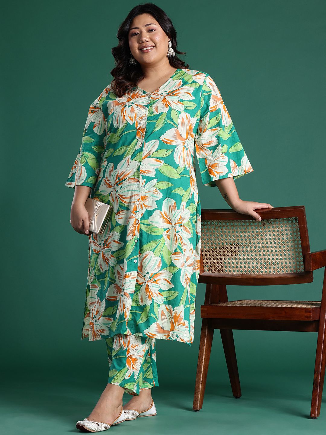 Floral Printed Round Neck Regular Pure Cotton Kurta with Trousers