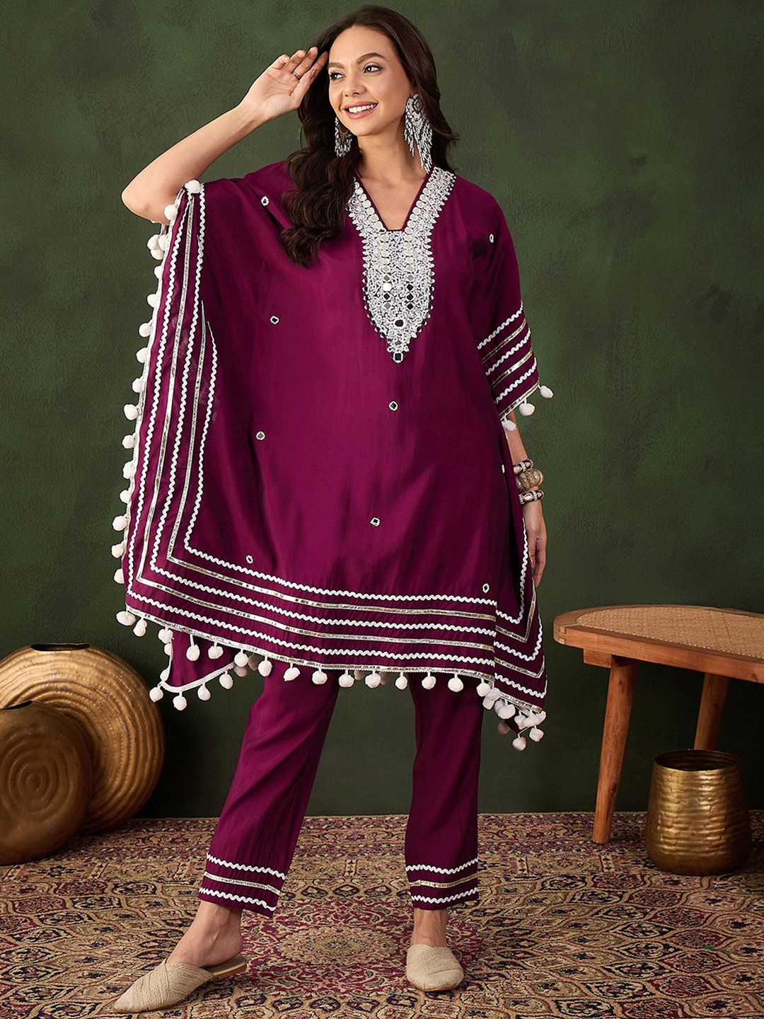Indyancart SN Women's Purple Geometric Embroidered Mirror Work Roman Silk Kurta With Trouser