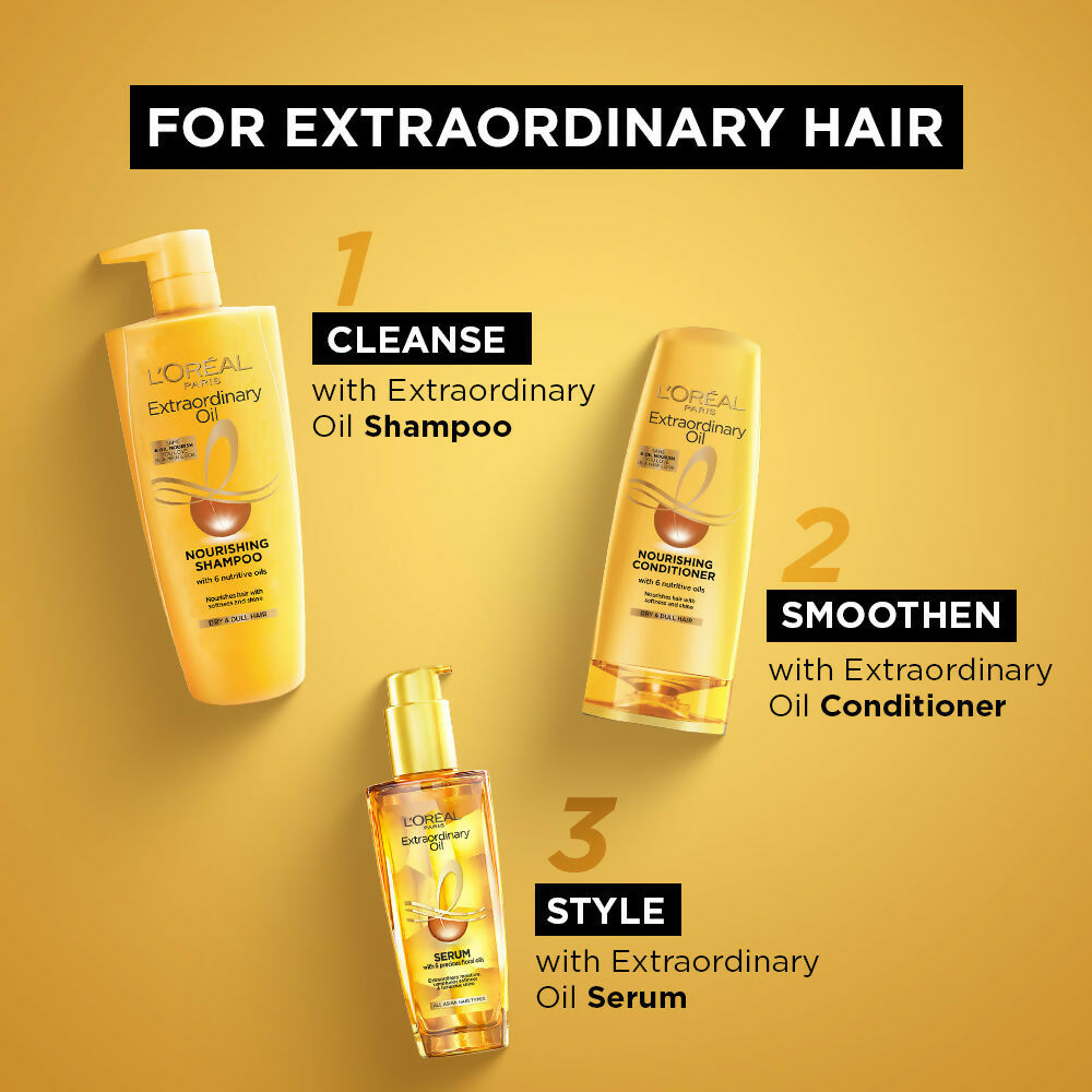 L'Oreal Paris Extraordinary Oil hair combo with bottles of nourishing hair oils for shiny, frizz-free hair.