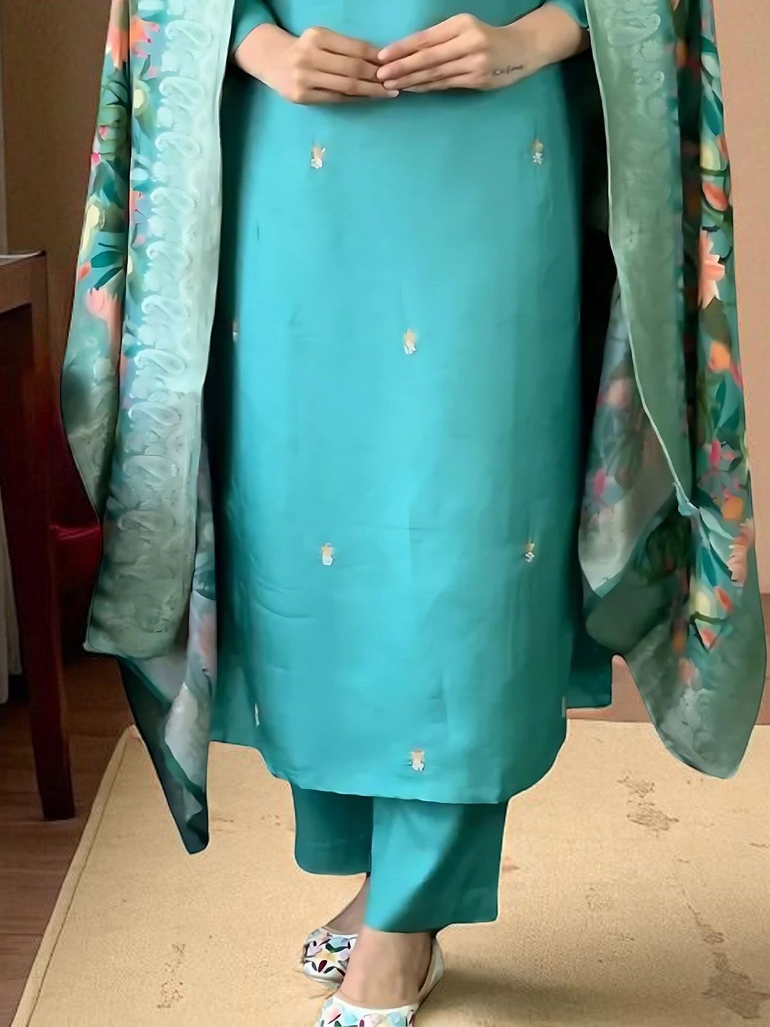 Indyancart SN Women's Floral Embroidered Thread Work Straight Kurta With Trouser And Dupatta