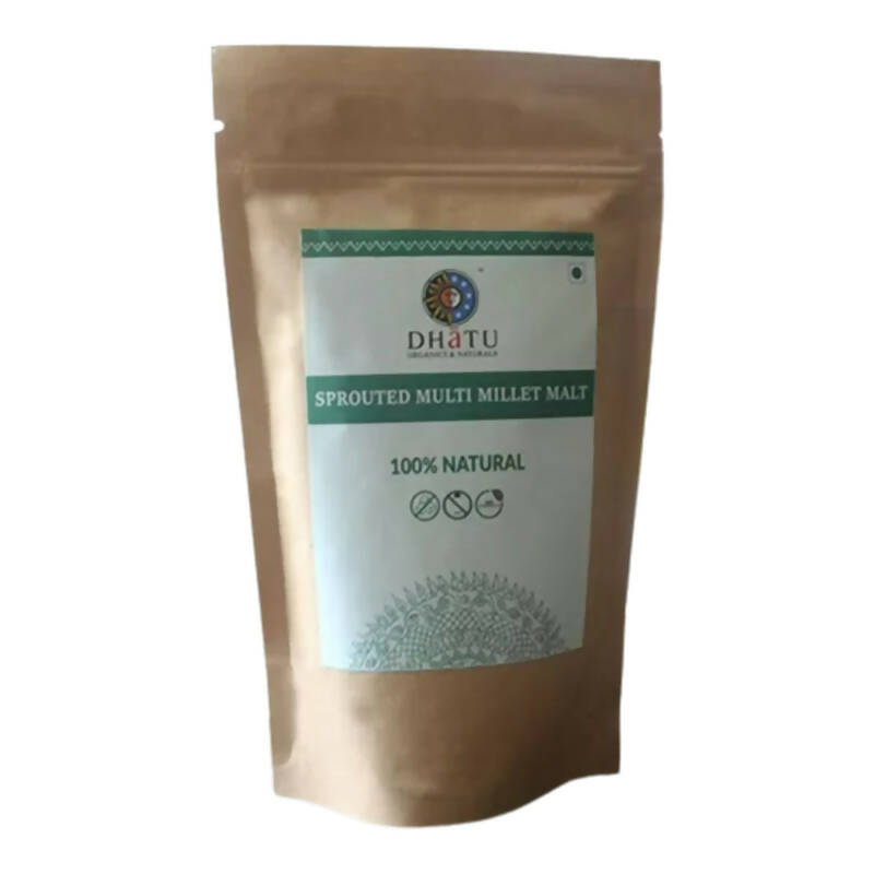 Dhatu Organics & Naturals sprouted multi millet malt in a glass jar, showing the product's textured, natural millet grains and packaging.
