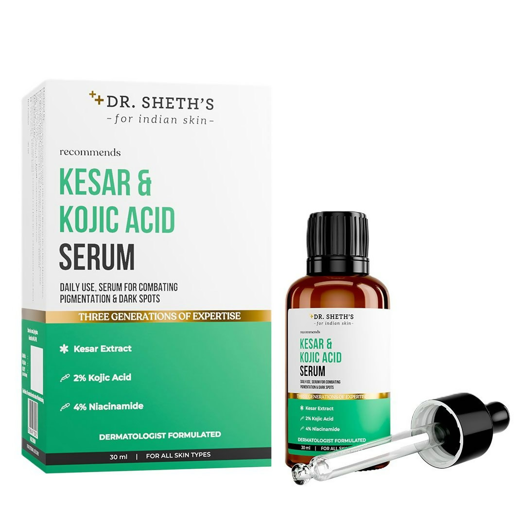 Dr. Sheth's Kesar & Kojic Acid Serum bottle with dropper, highlighting the serum's brightening and skin-enhancing properties.
